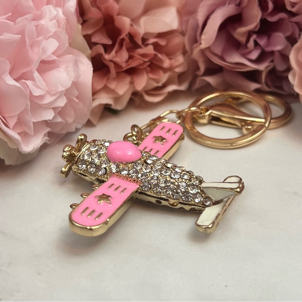 Whimsical Pink & Gold Crystal Airplane Keychain Charm - Picture 7 of 16